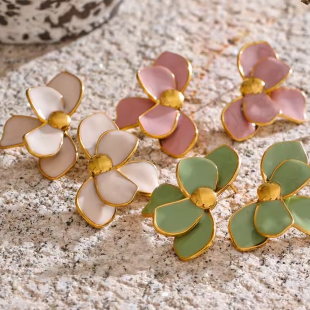 Romantic Petal Cream Flower Stud Earrings – Gold Trim Statement Earrings - Picture 9 of 11